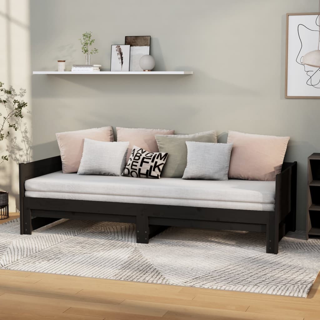 vidaXL Łóżko rozsuwane, czarne, lite drewno sosnowe, 2x(90x200) cm