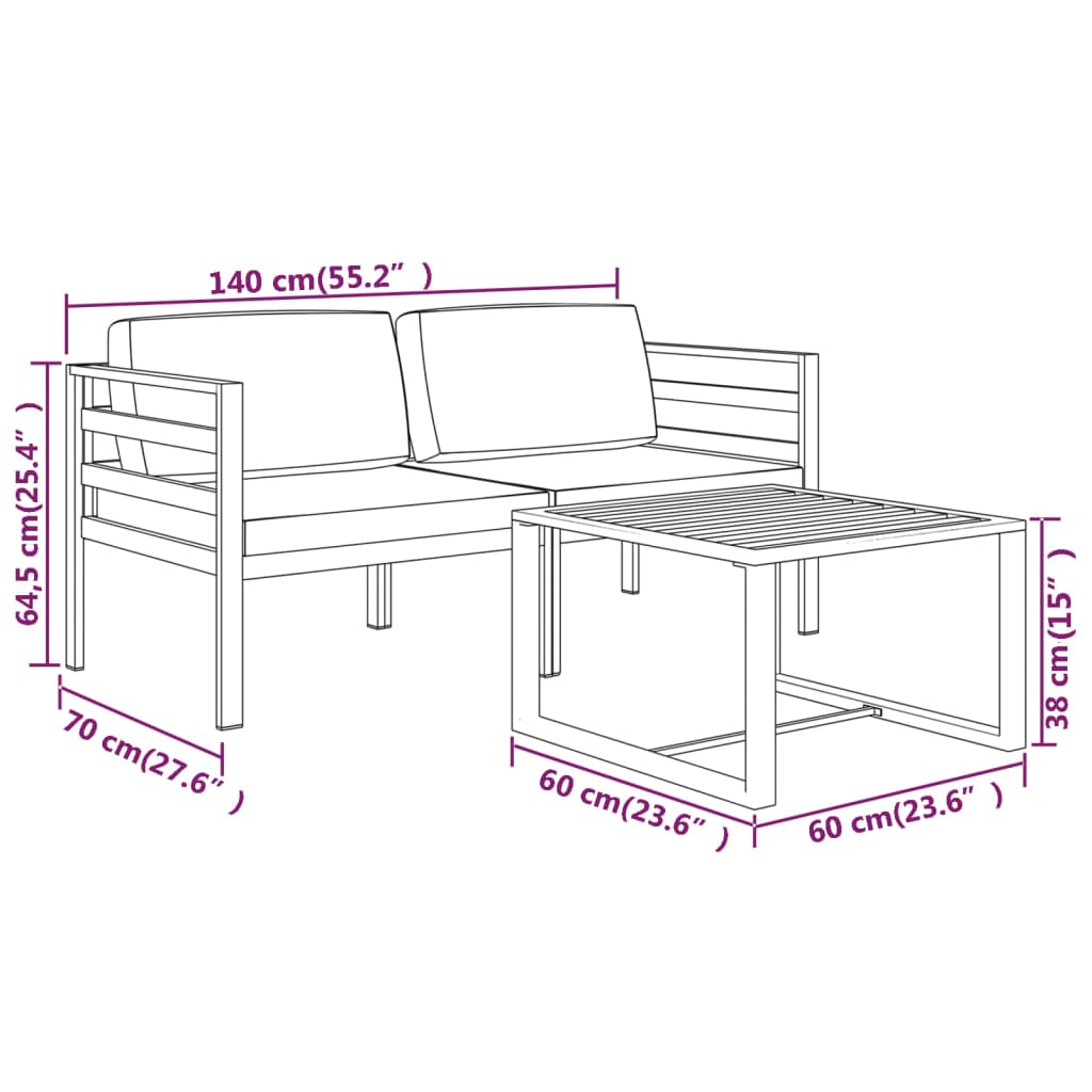 vidaXL 3-cz. zestaw mebli ogrodowych, poduszki, aluminium, antracyt