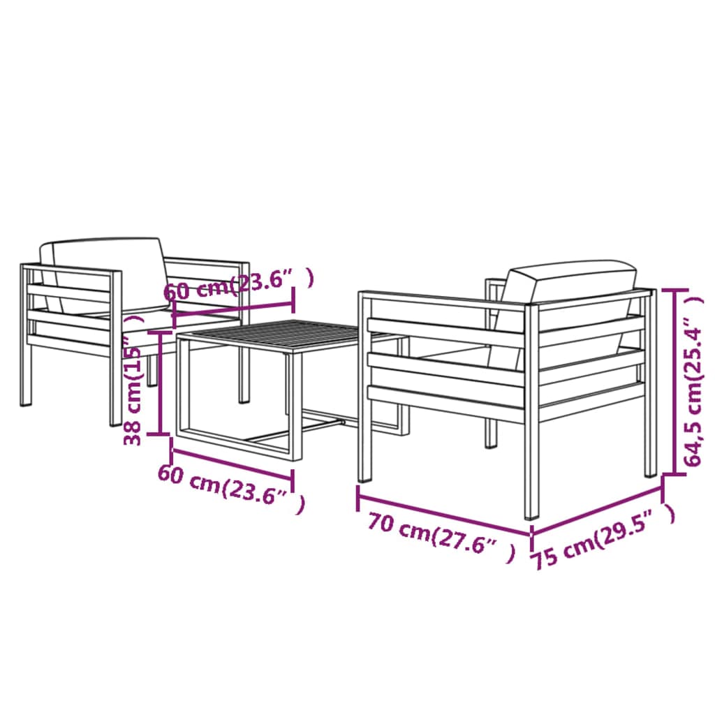 vidaXL 3-cz. zestaw mebli ogrodowych, poduszki, aluminium, antracyt