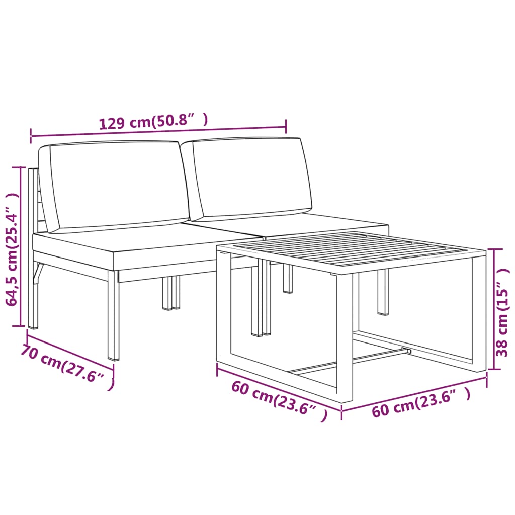 vidaXL 3-cz. zestaw mebli ogrodowych, poduszki, aluminium, antracyt