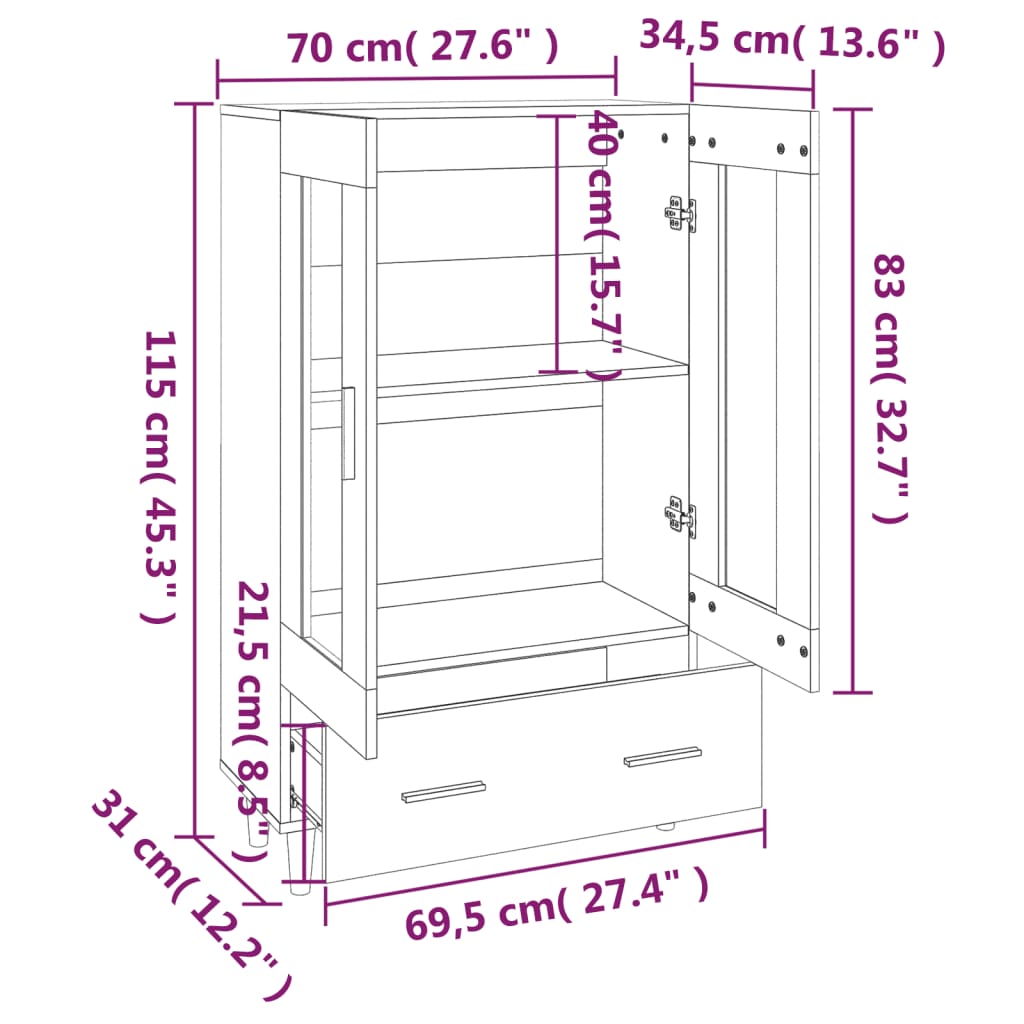 vidaXL Wysoka szafka, dąb sonoma 70x31x115 cm, materiał drewnopochodny