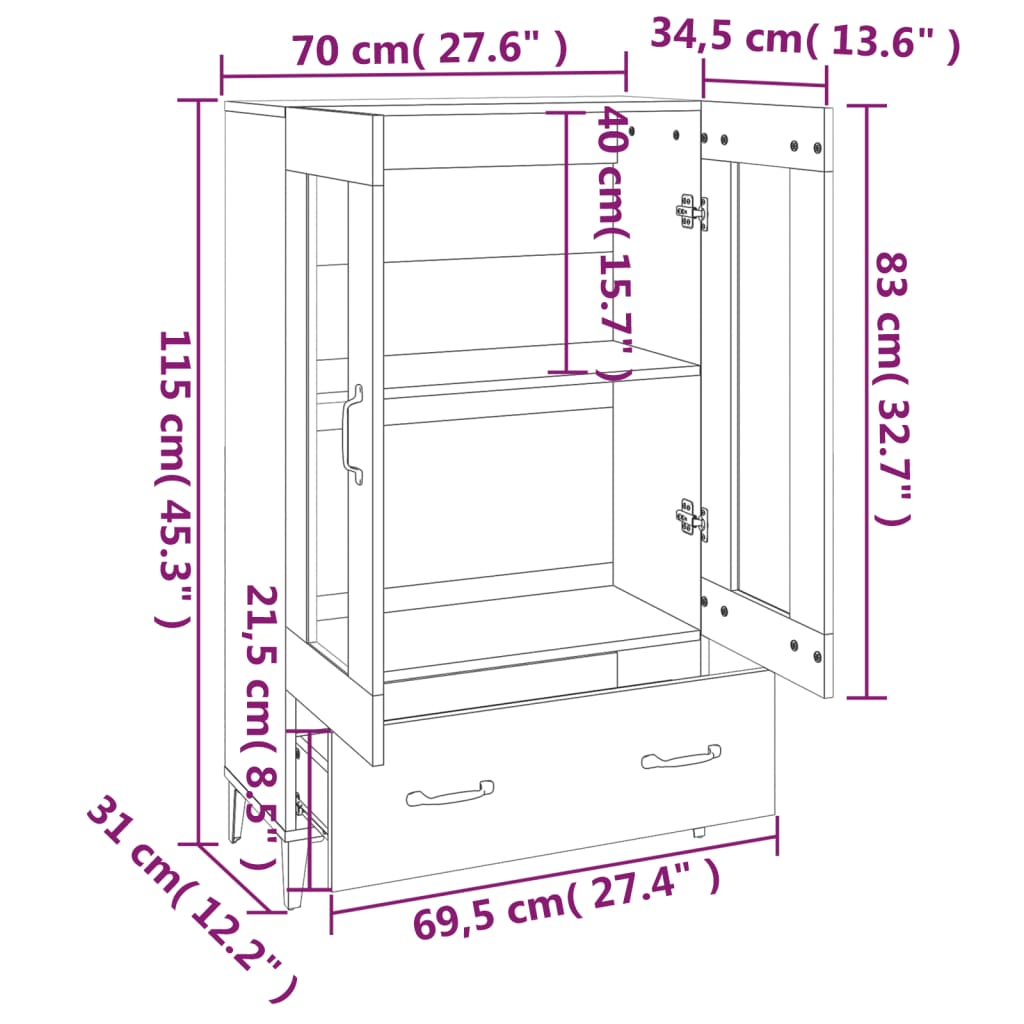 vidaXL Wysoka szafka, biała, 70x31x115 cm, materiał drewnopochodny