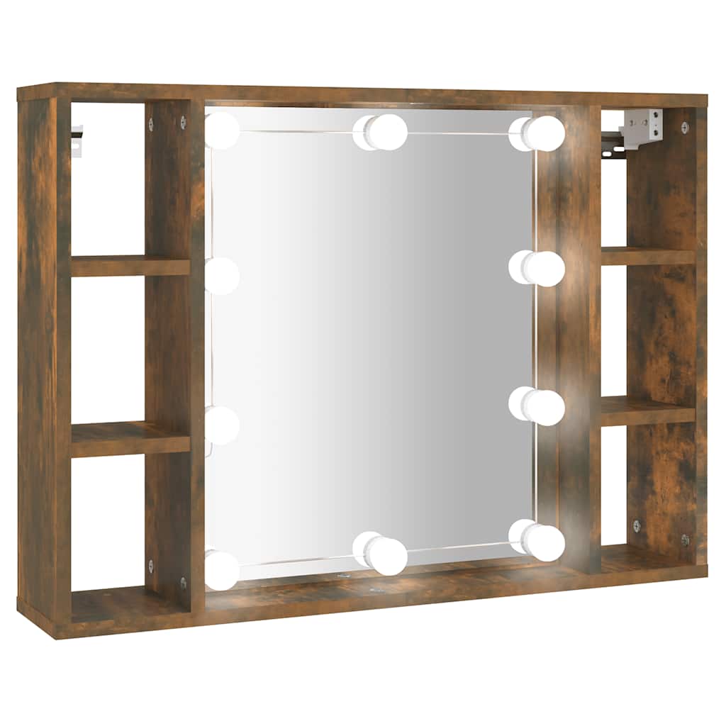 vidaXL Szafka z lustrem i LED, przydymiony dąb, 76x15x55 cm