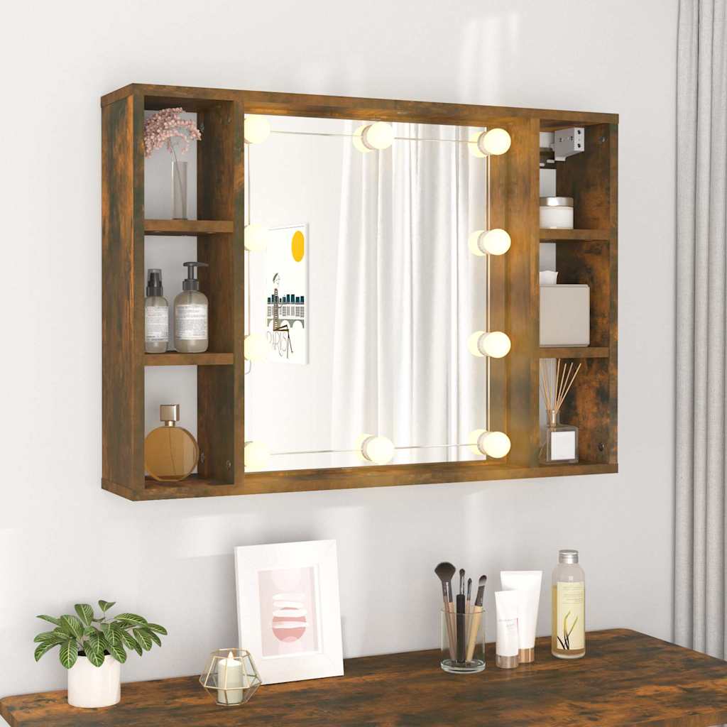 vidaXL Szafka z lustrem i LED, przydymiony dąb, 76x15x55 cm