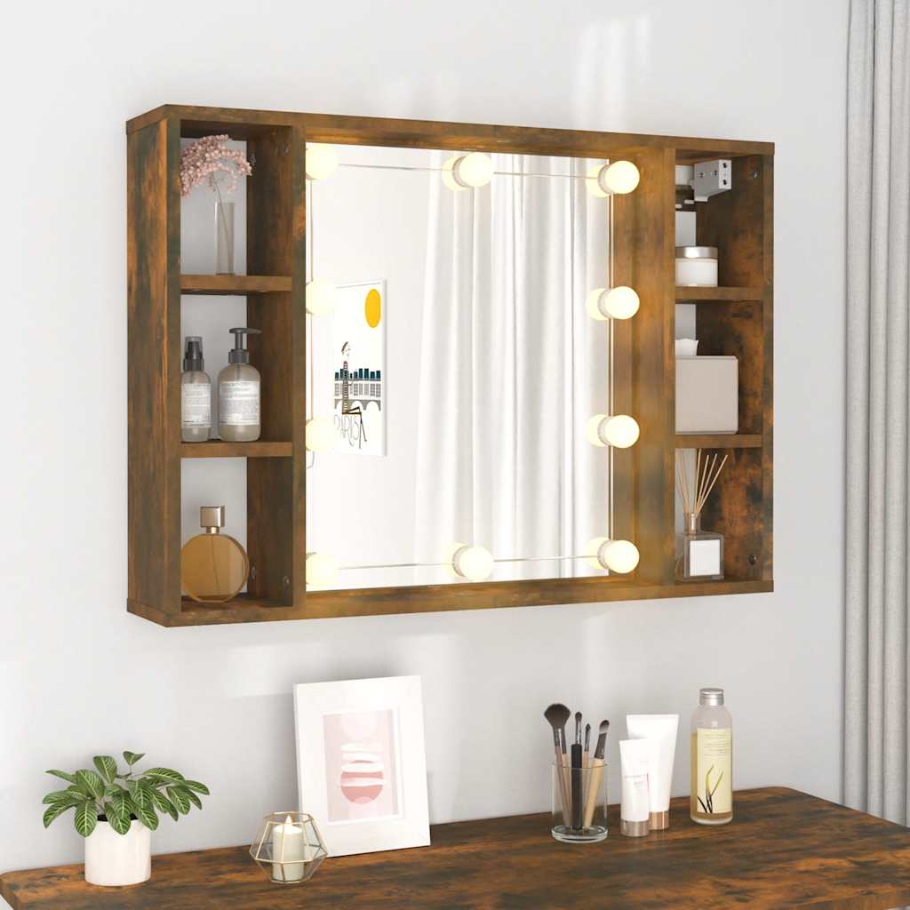 vidaXL Szafka z lustrem i LED, przydymiony dąb, 76x15x55 cm
