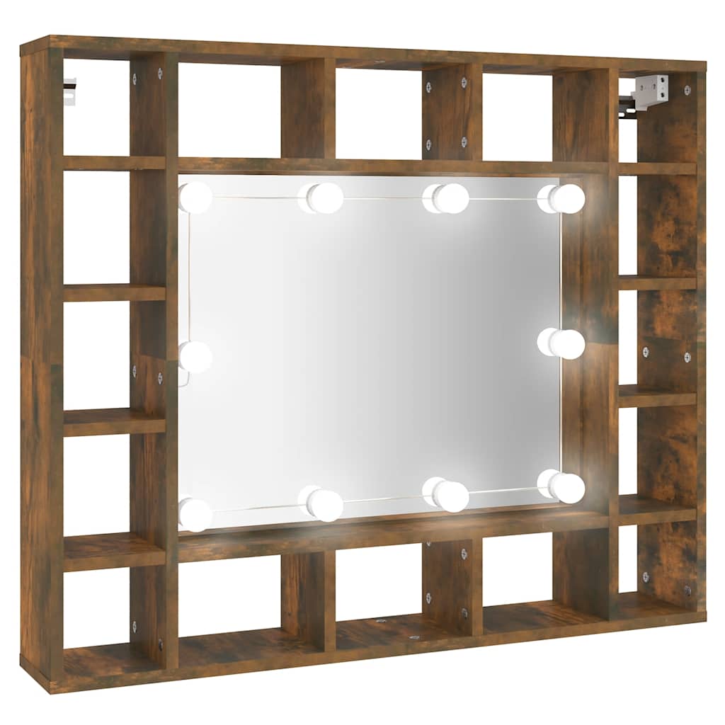 vidaXL Szafka z lustrem i LED, przydymiony dąb, 91x15x76,5 cm