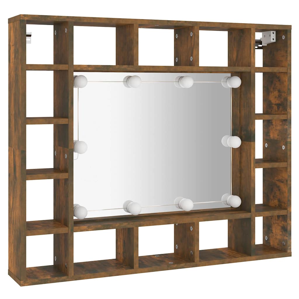 vidaXL Szafka z lustrem i LED, przydymiony dąb, 91x15x76,5 cm