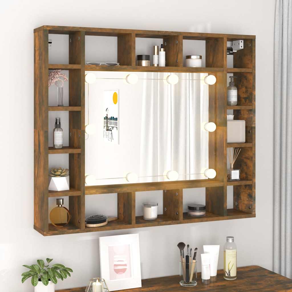 vidaXL Szafka z lustrem i LED, przydymiony dąb, 91x15x76,5 cm