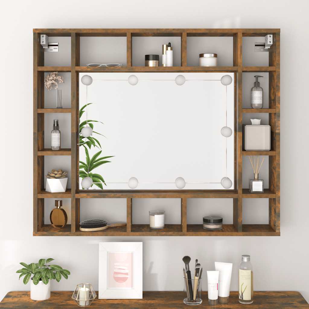 vidaXL Szafka z lustrem i LED, przydymiony dąb, 91x15x76,5 cm
