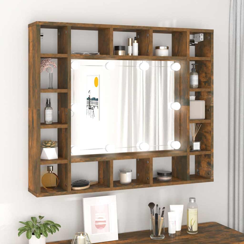vidaXL Szafka z lustrem i LED, przydymiony dąb, 91x15x76,5 cm
