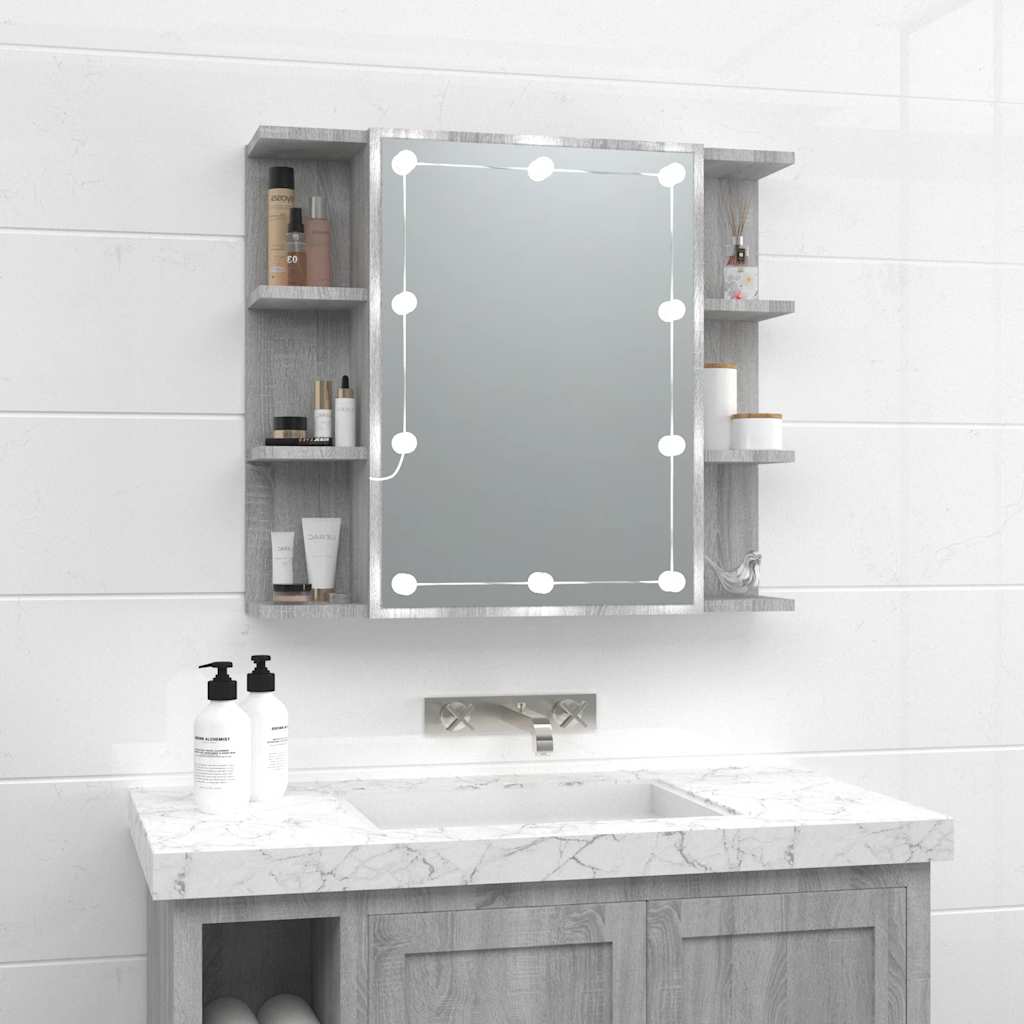 vidaXL Szafka z lustrem i LED, szary dąb sonoma, 70x16,5x60 cm