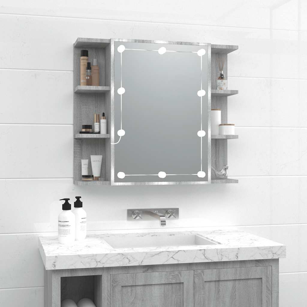 vidaXL Szafka z lustrem i LED, szary dąb sonoma, 70x16,5x60 cm