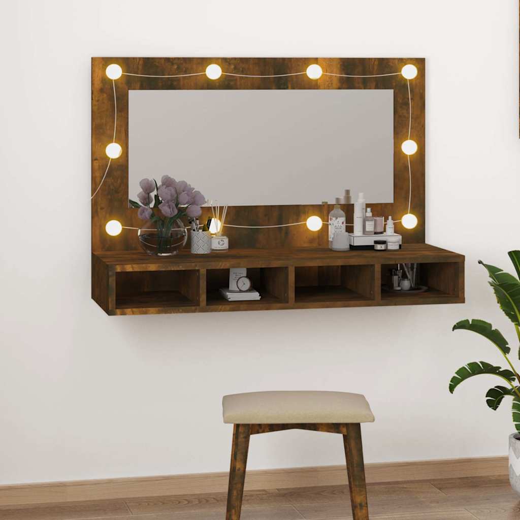 vidaXL Szafka z lustrem i LED, przydymiony dąb, 90x31,5x62 cm