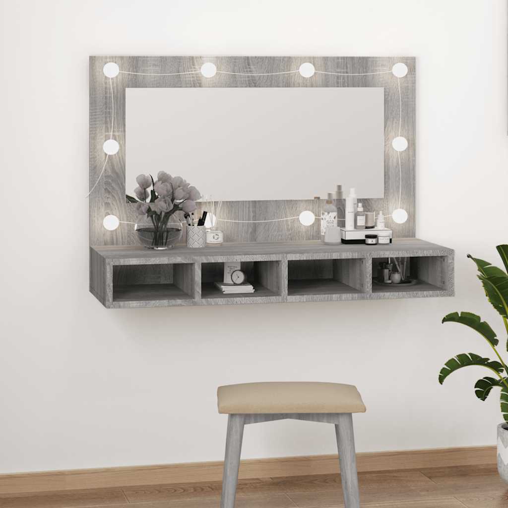 vidaXL Szafka z lustrem i LED, szary dąb sonoma, 90x31,5x62 cm