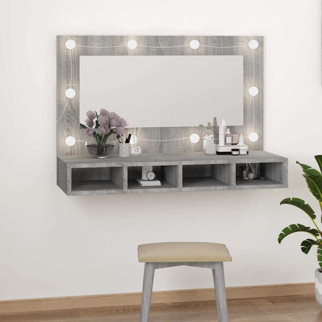 vidaXL Szafka z lustrem i LED, szary dąb sonoma, 90x31,5x62 cm