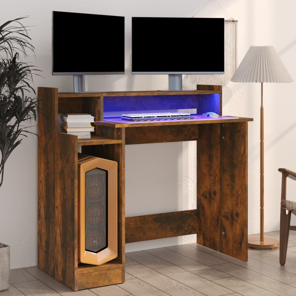 vidaXL Biurko z podświetleniem LED, przydymiony dąb, 97x45x90 cm