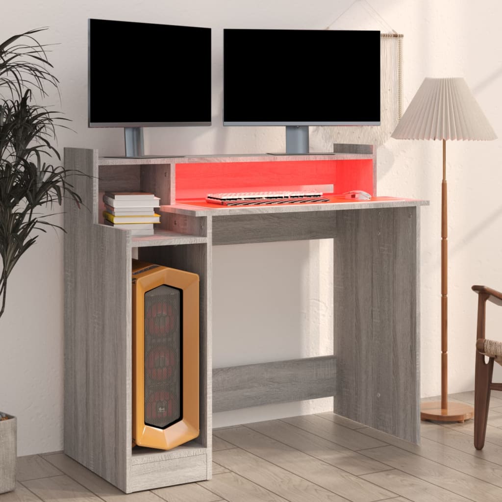 vidaXL Biurko z podświetleniem LED, szary dąb sonoma, 97x45x90 cm
