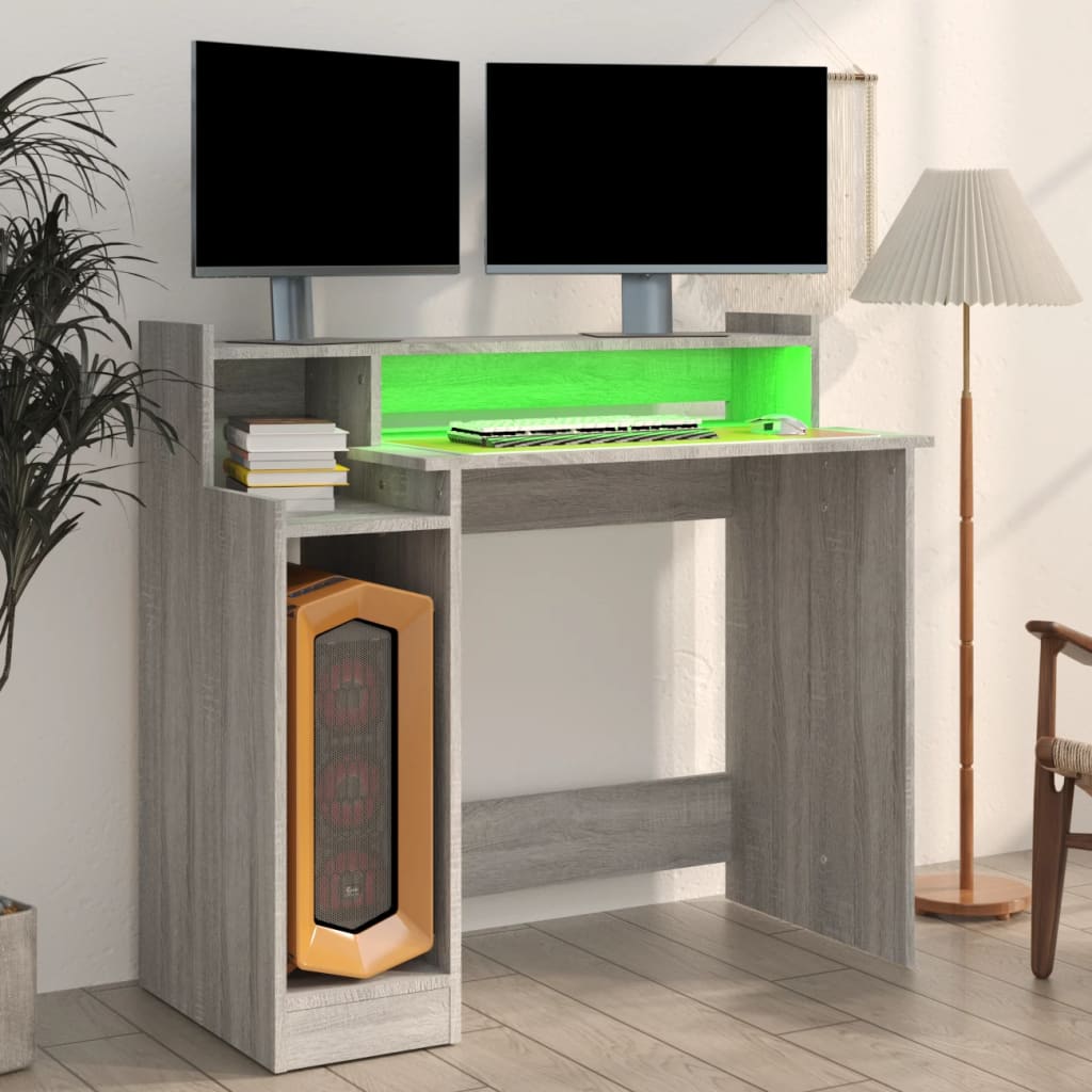 vidaXL Biurko z podświetleniem LED, szary dąb sonoma, 97x45x90 cm