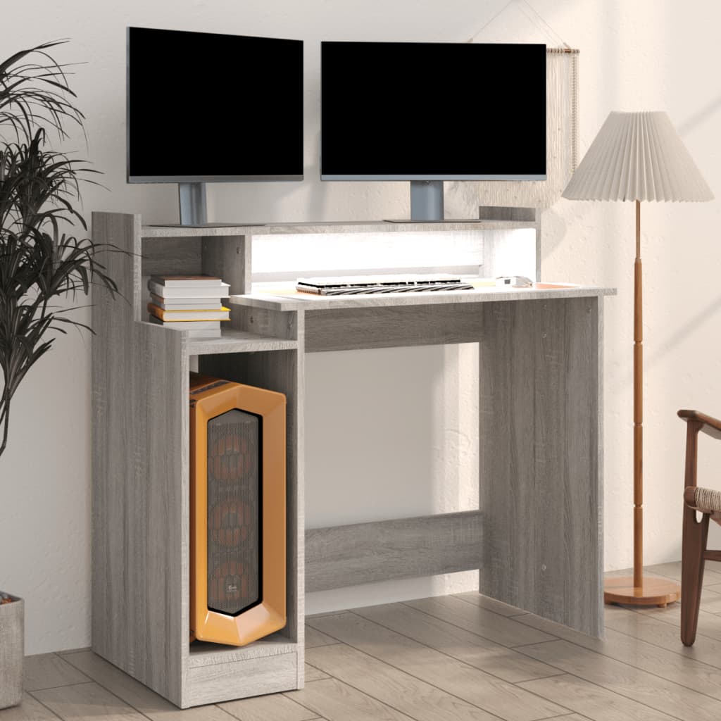 vidaXL Biurko z podświetleniem LED, szary dąb sonoma, 97x45x90 cm