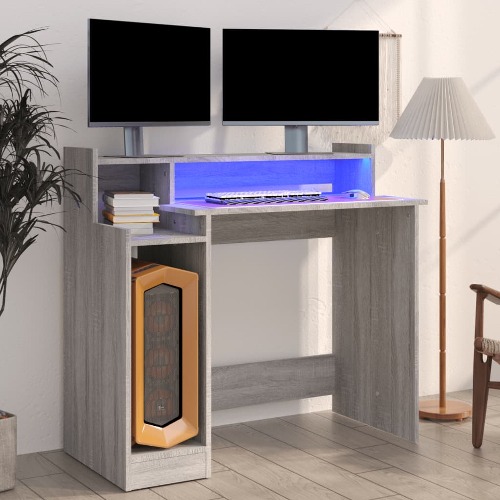 vidaXL Biurko z podświetleniem LED, szary dąb sonoma, 97x45x90 cm