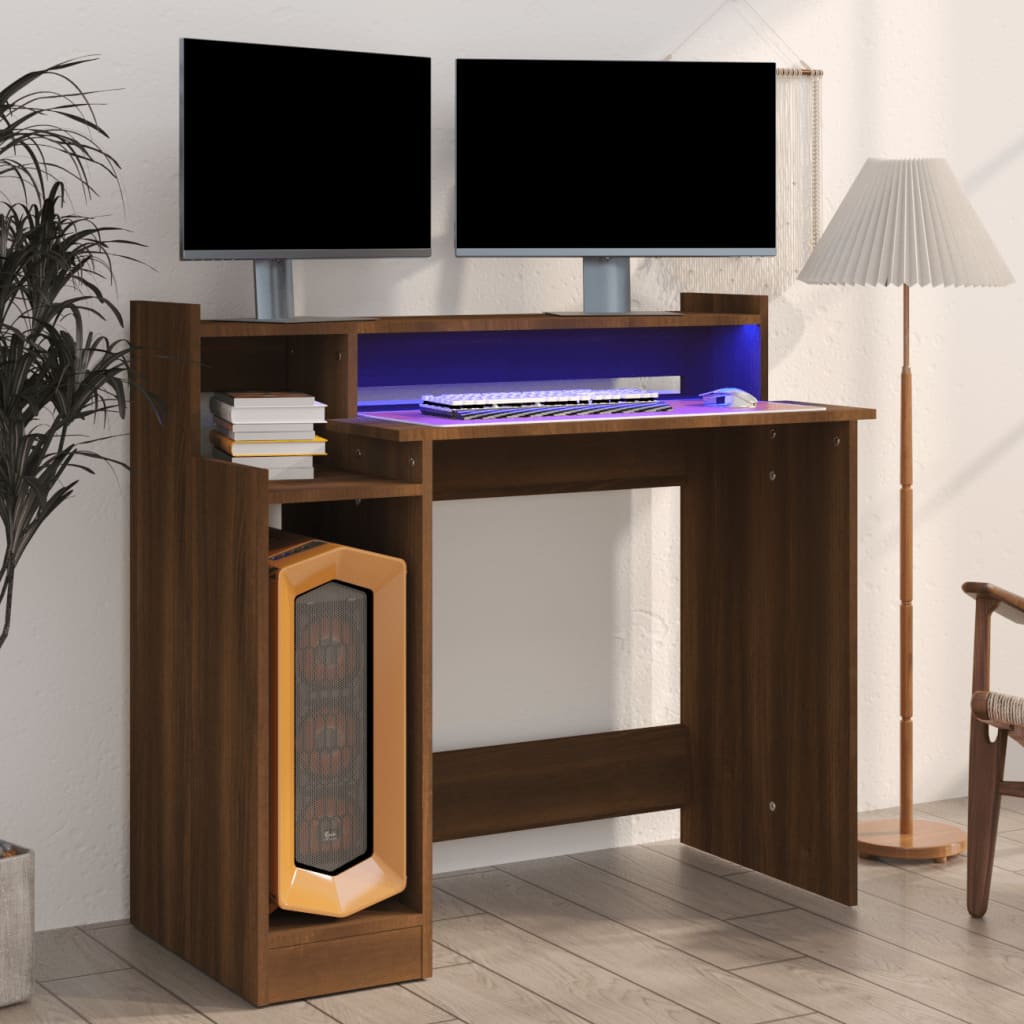 vidaXL Biurko z podświetleniem LED, brązowy dąb, 97x45x90 cm