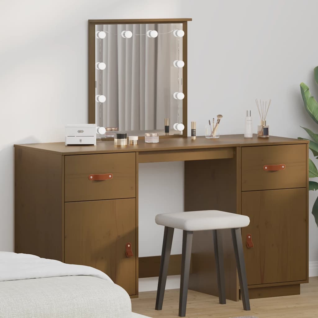vidaXL Toaletka z LED, miodowy brąz, lite drewno sosnowe