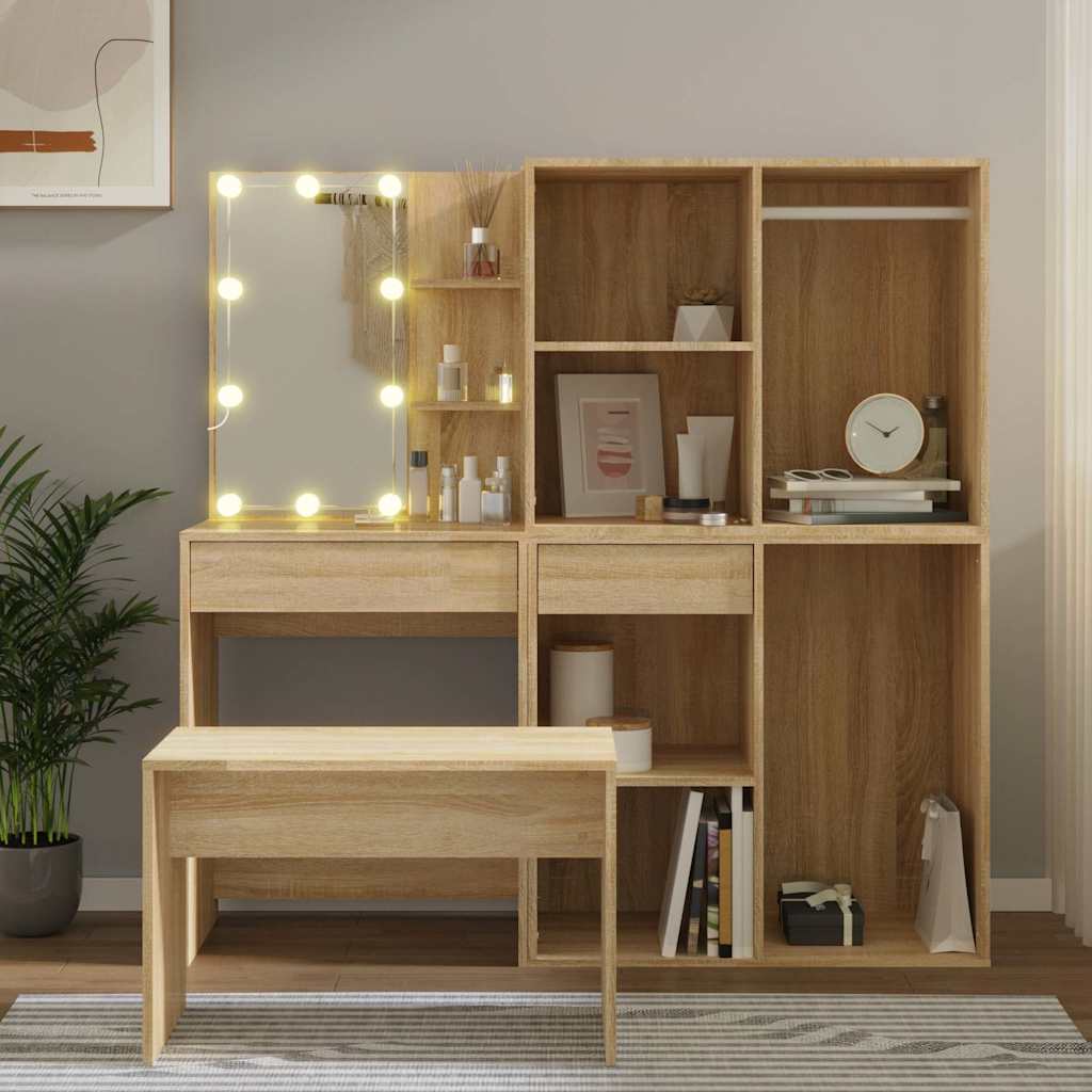 vidaXL Zestaw z toaletką i oświetleniem LED, dąb sonoma