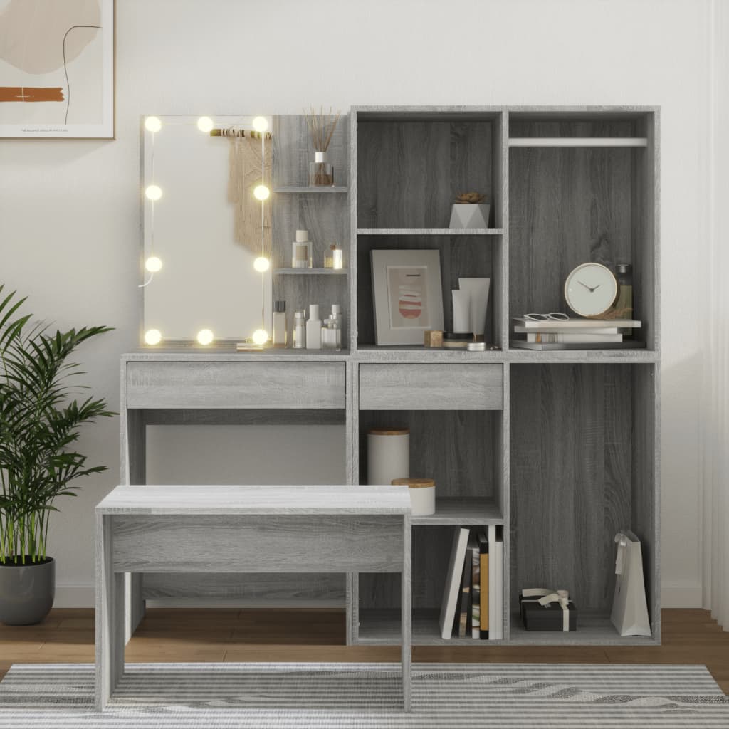 vidaXL Zestaw z toaletką i oświetleniem LED, szary dąb sonoma