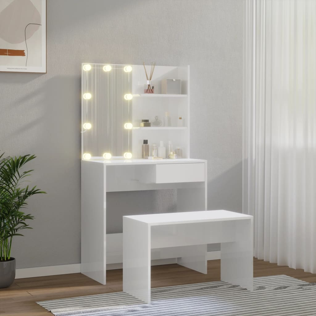 vidaXL Zestaw z toaletką i oświetleniem LED, biały z połyskiem