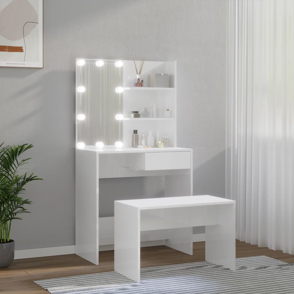 vidaXL Zestaw z toaletką i oświetleniem LED, biały z połyskiem