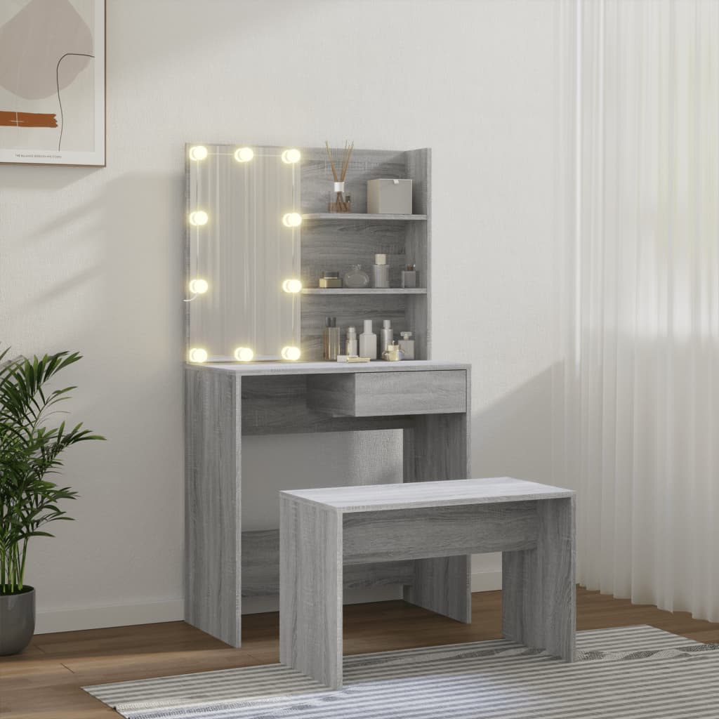 vidaXL Zestaw z toaletką i oświetleniem LED, szary dąb sonoma
