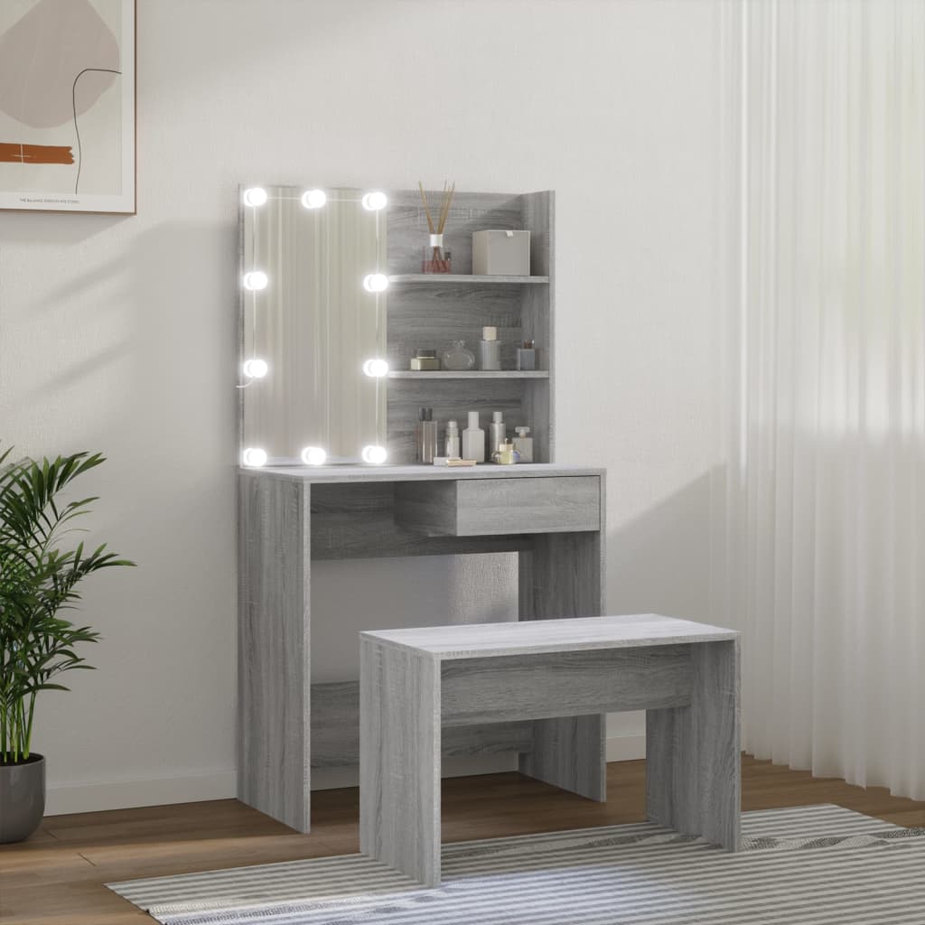 vidaXL Zestaw z toaletką i oświetleniem LED, szary dąb sonoma