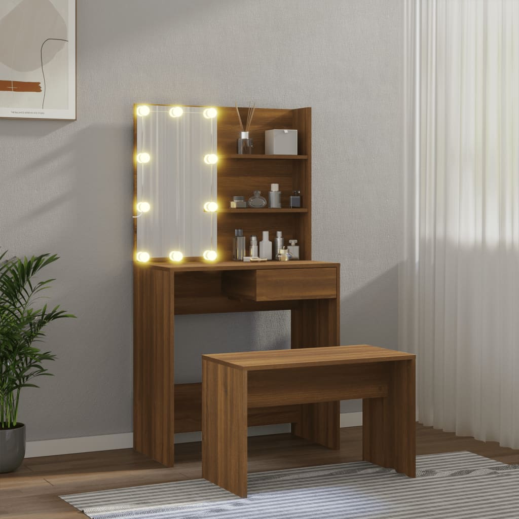 vidaXL Zestaw z toaletką i oświetleniem LED, brązowy dąb