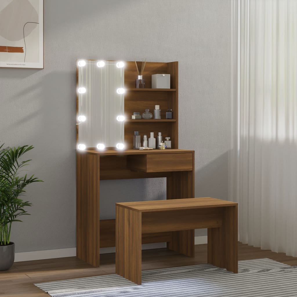 vidaXL Zestaw z toaletką i oświetleniem LED, brązowy dąb