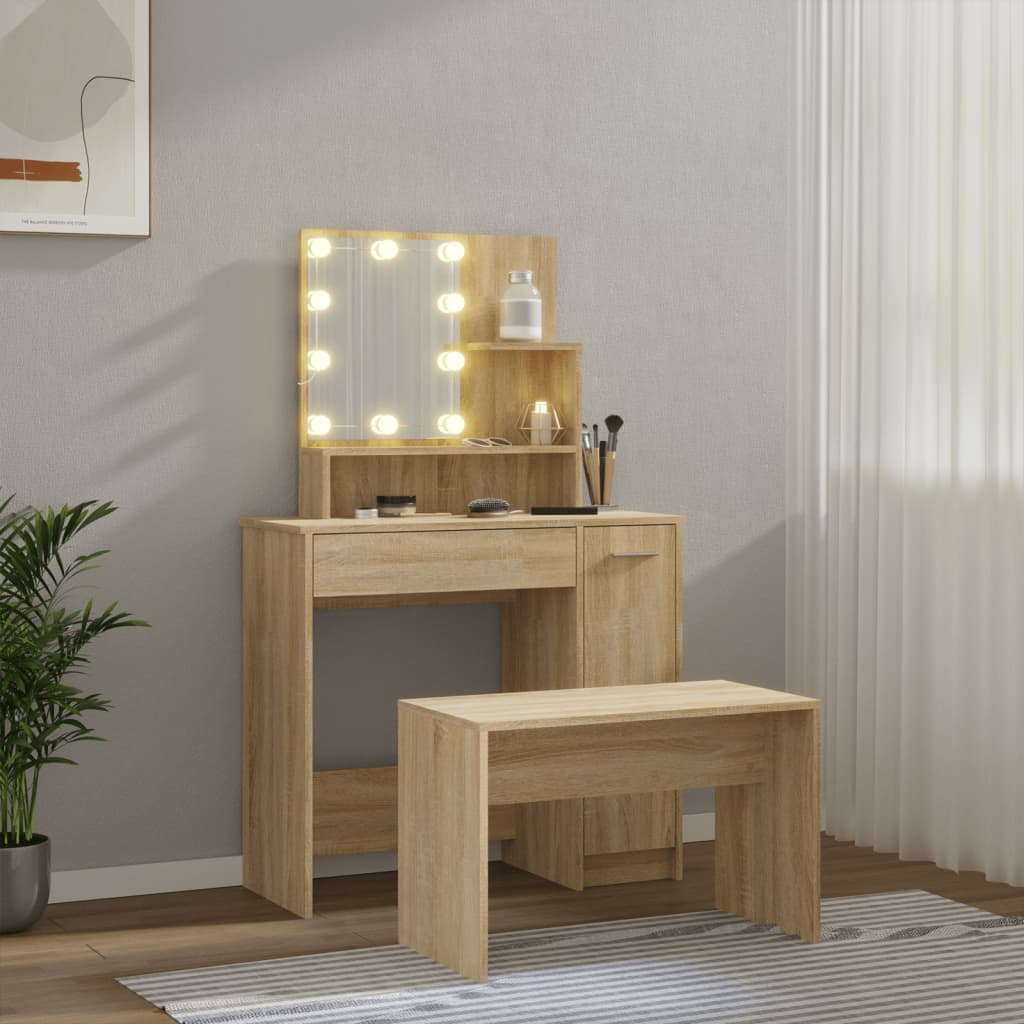 vidaXL Zestaw z toaletką i oświetleniem LED, dąb sonoma