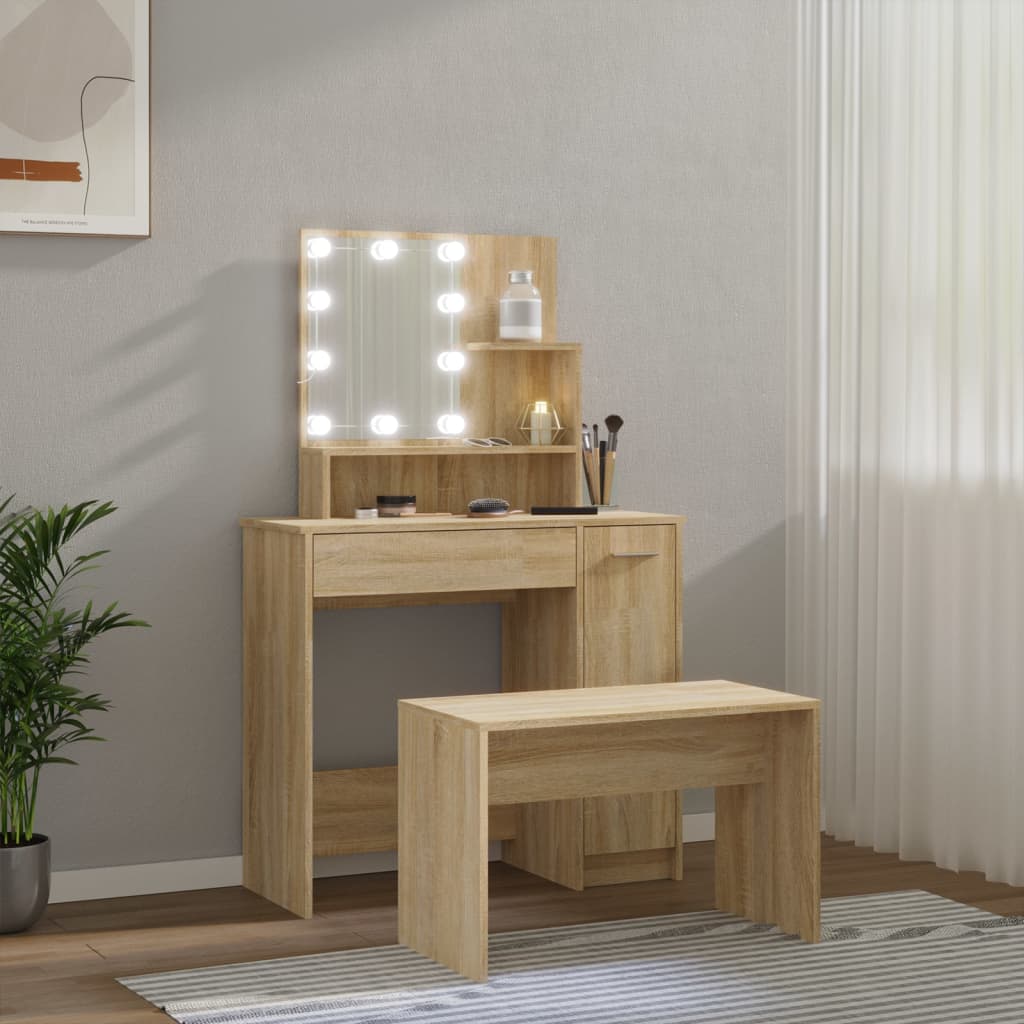 vidaXL Zestaw z toaletką i oświetleniem LED, dąb sonoma