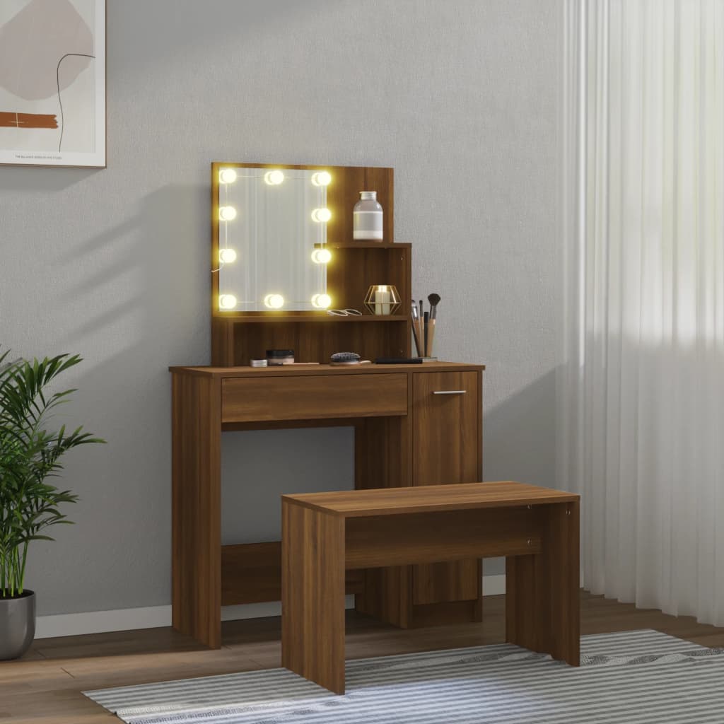 vidaXL Zestaw z toaletką i oświetleniem LED, brązowy dąb