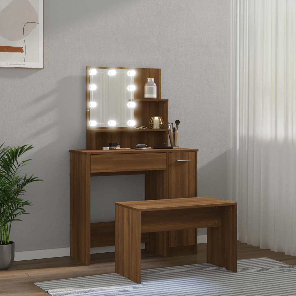vidaXL Zestaw z toaletką i oświetleniem LED, brązowy dąb