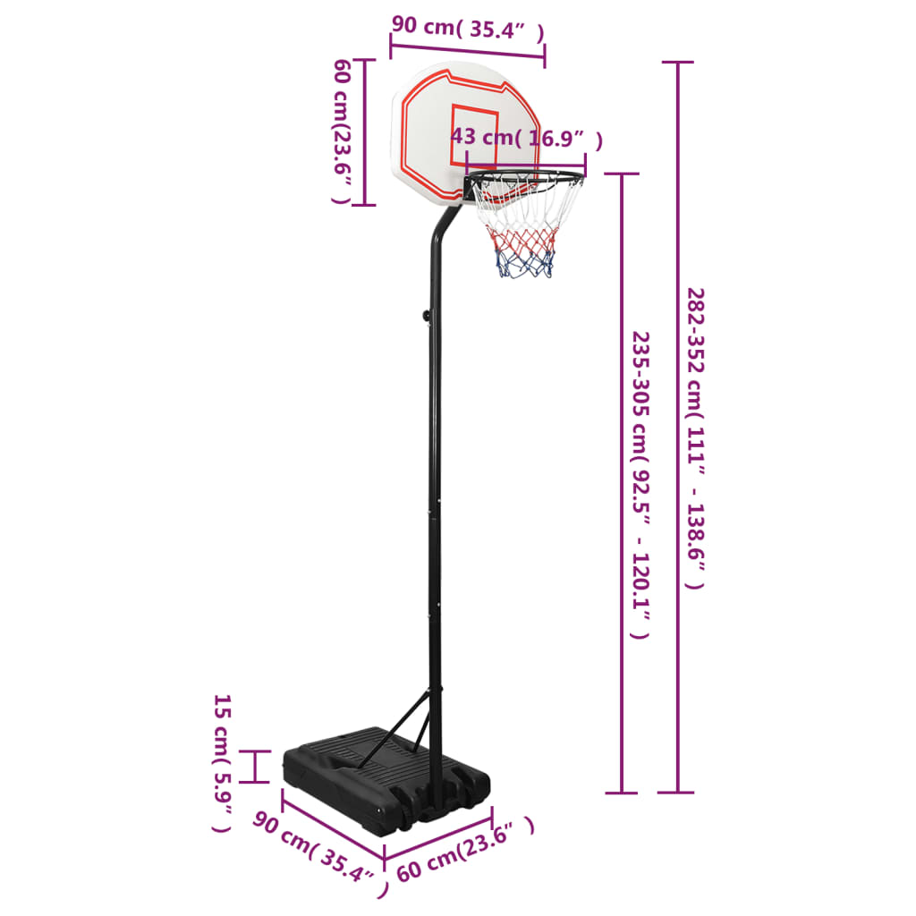 vidaXL Stojak do koszykówki, biały, 282-352 cm, polietylen