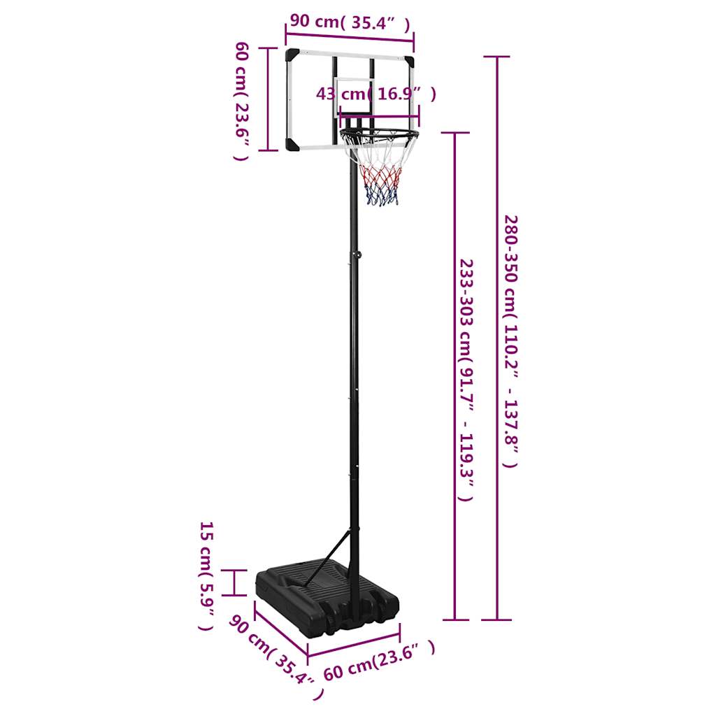 vidaXL Stojak do koszykówki z przezroczystą tablicą, 280-350 cm,