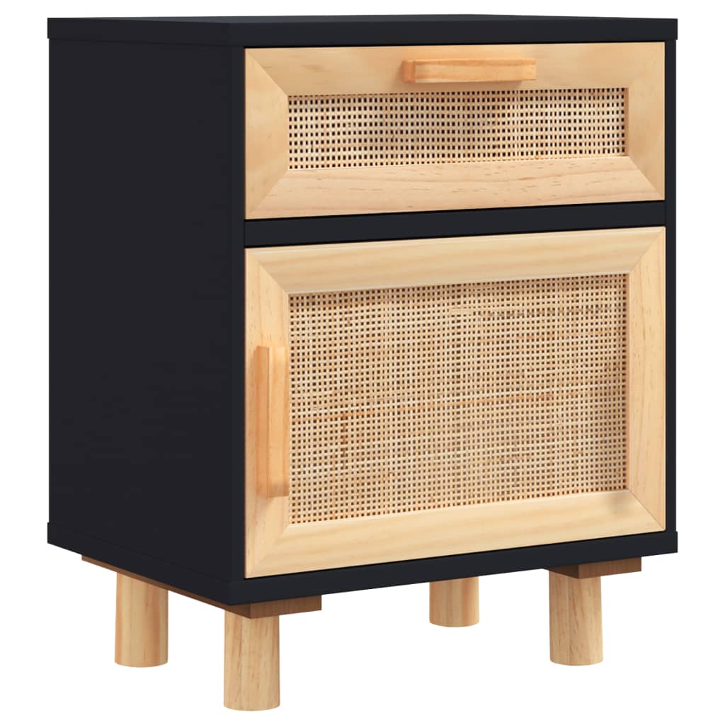 vidaXL Szafka nocna, czarna, lite drewno sosnowe i naturalny rattan