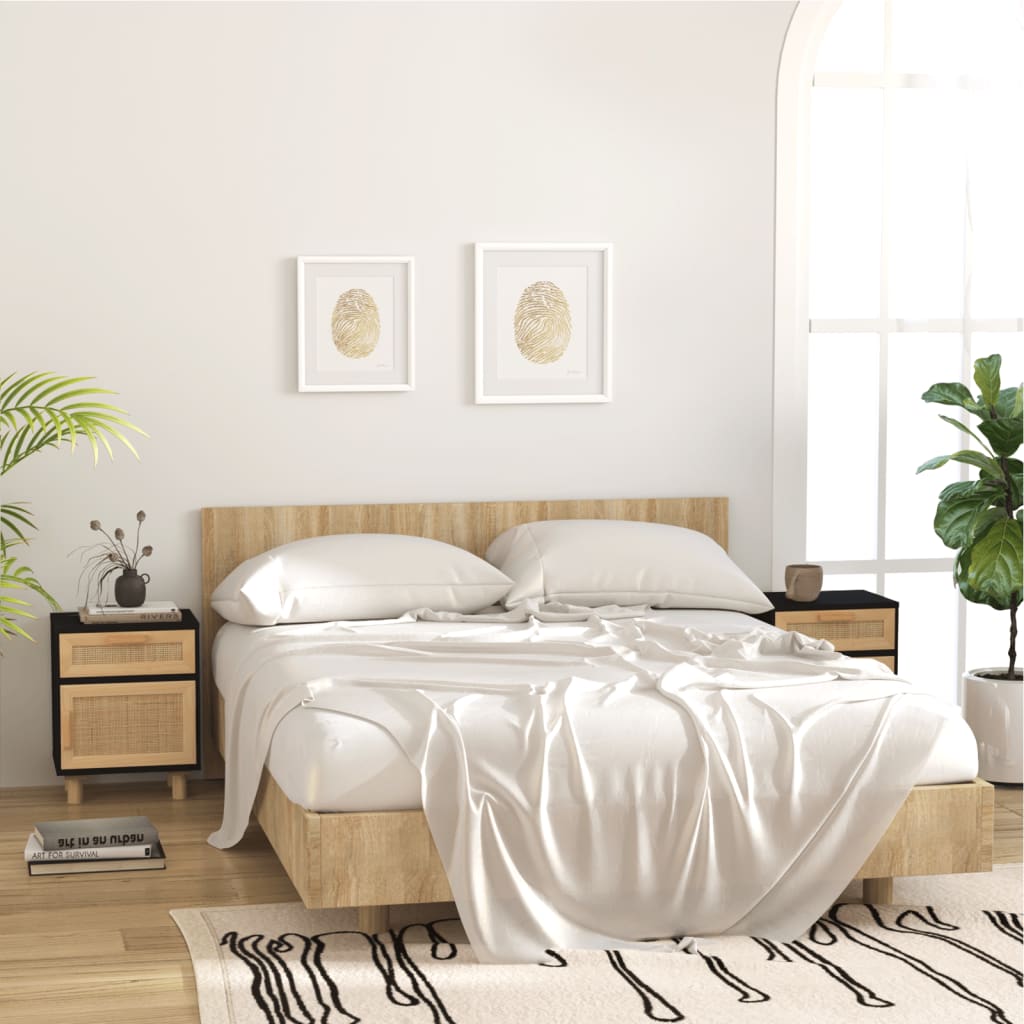 vidaXL Szafka nocna, czarna, lite drewno sosnowe i naturalny rattan