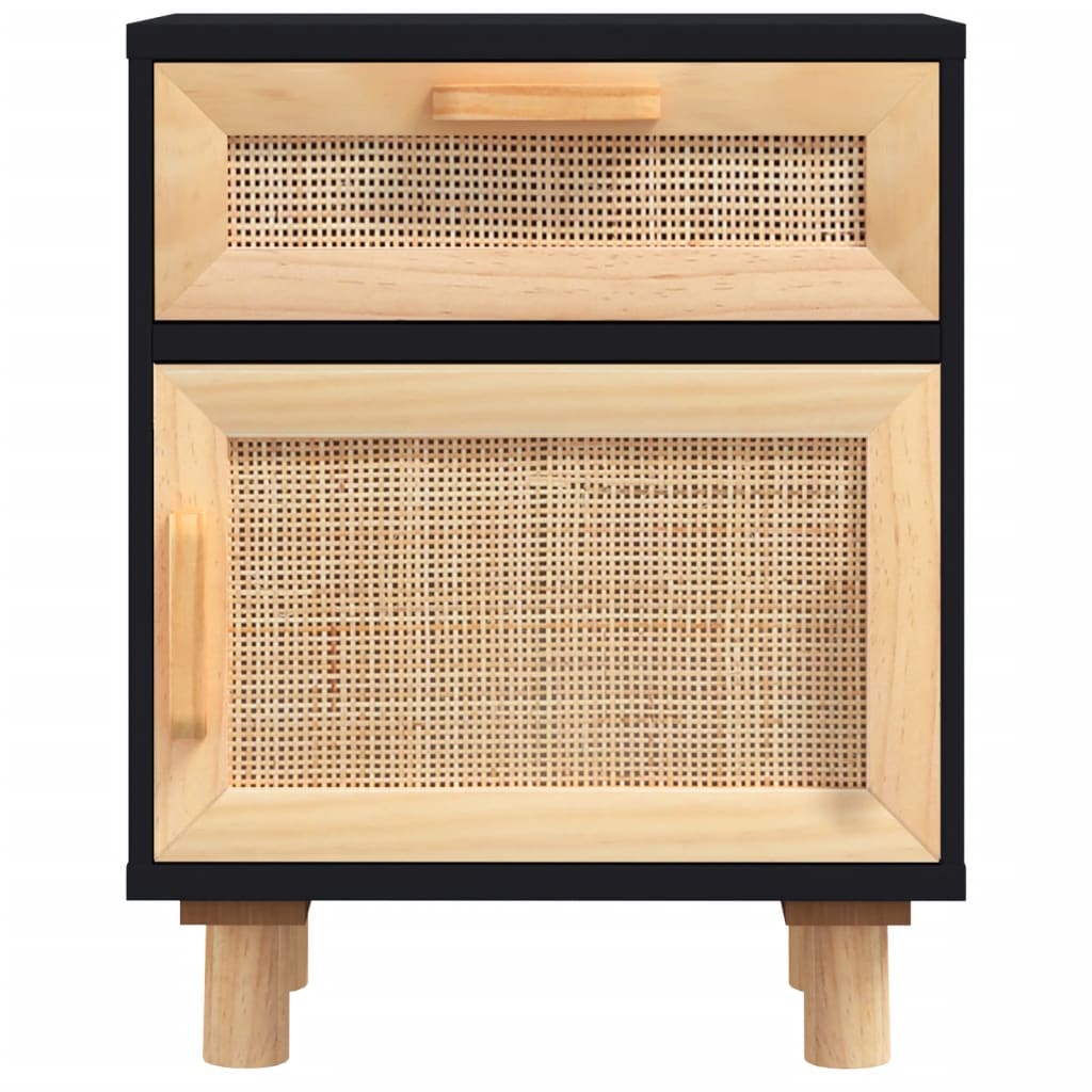 vidaXL Szafka nocna, czarna, lite drewno sosnowe i naturalny rattan