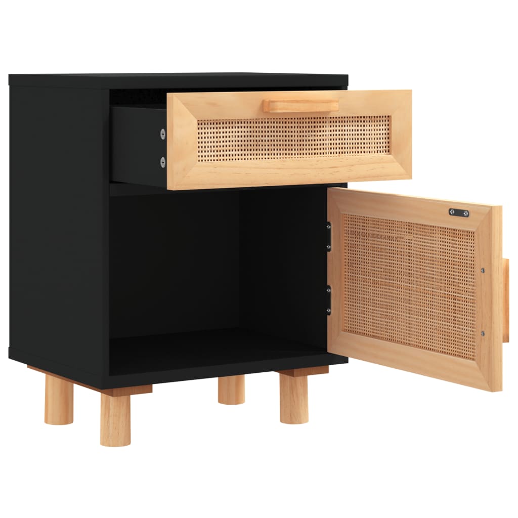 vidaXL Szafka nocna, czarna, lite drewno sosnowe i naturalny rattan