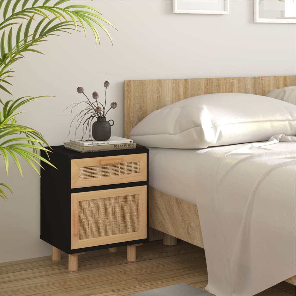 vidaXL Szafka nocna, czarna, lite drewno sosnowe i naturalny rattan