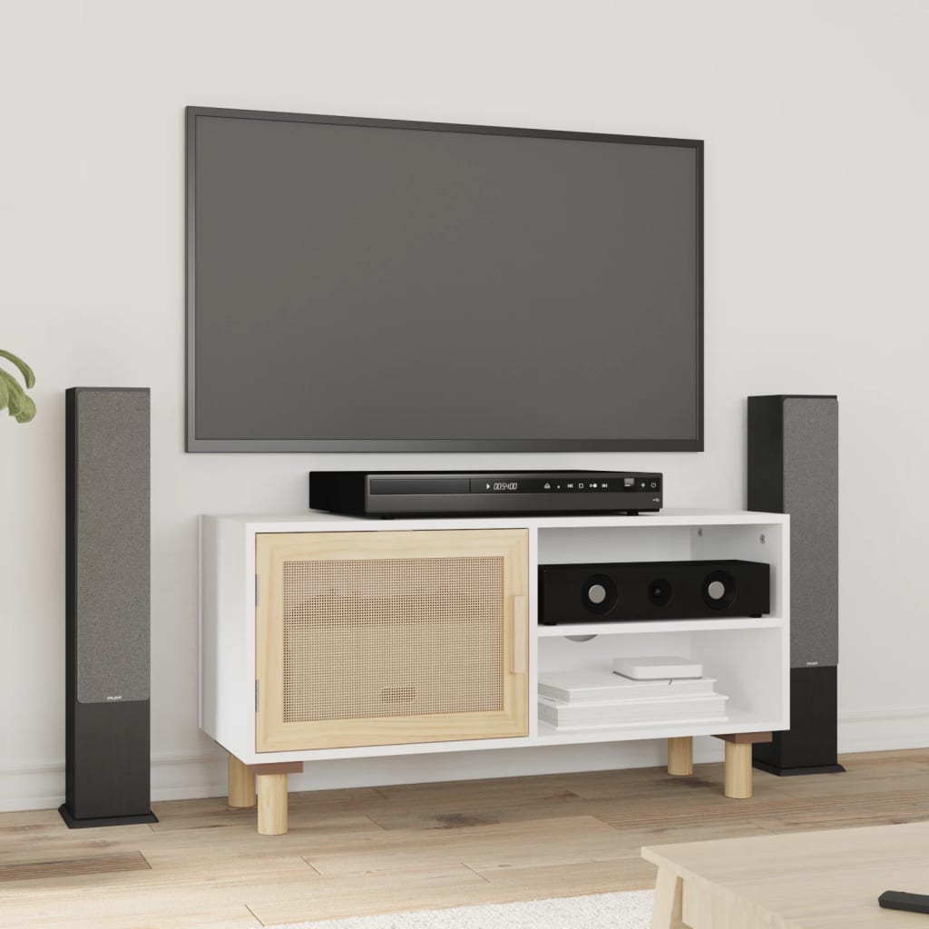vidaXL Stolik pod TV, biały, 80x30x40 cm, drewno sosnowe i rattan