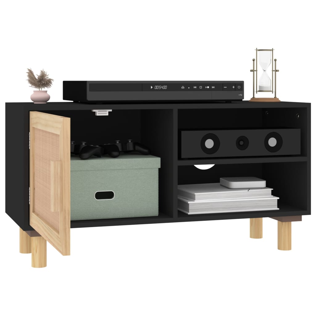 vidaXL Stolik pod TV, czarny, 80x30x40 cm, drewno sosnowe i rattan