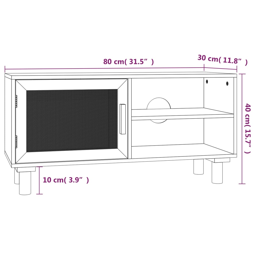 vidaXL Stolik pod TV, czarny, 80x30x40 cm, drewno sosnowe i rattan