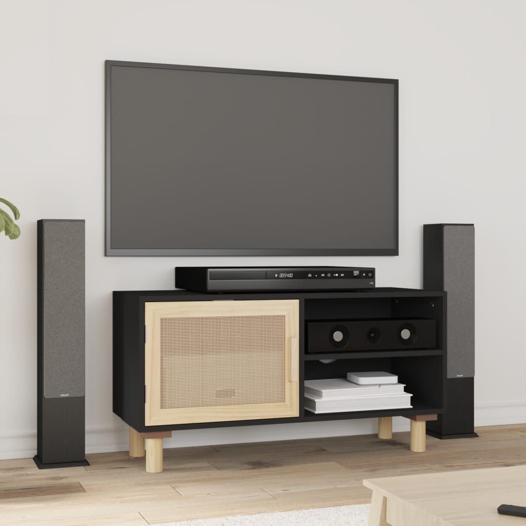 vidaXL Stolik pod TV, czarny, 80x30x40 cm, drewno sosnowe i rattan