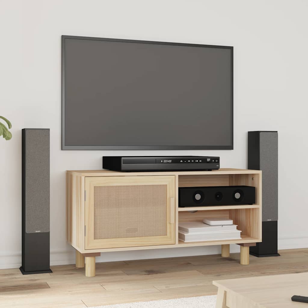 vidaXL Stolik pod TV, brązowy, 80x30x40 cm, drewno sosnowe i rattan